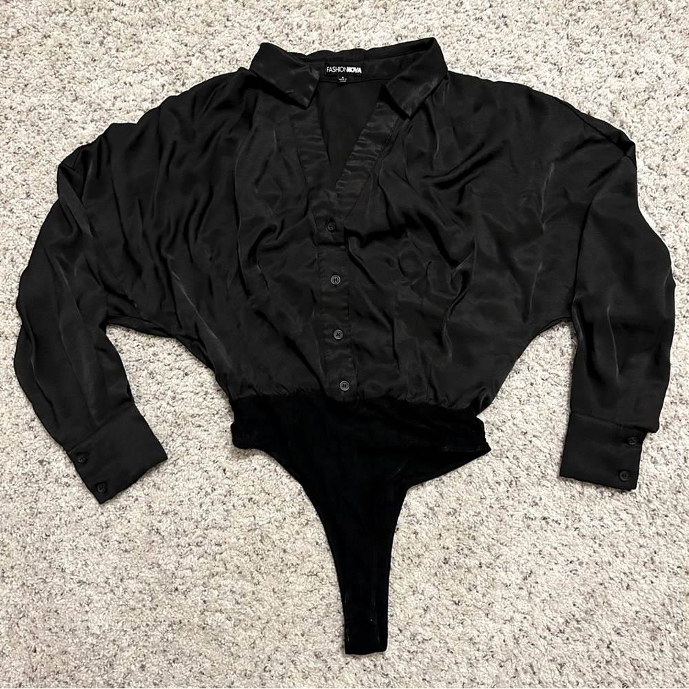 Black silky button up bodysuit